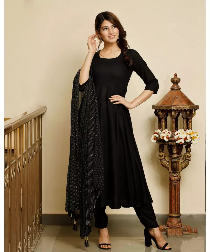 Jet black solid flared kurta with gold dot dupatta