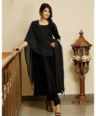 Jet black solid flared kurta with gold dot dupatta 4