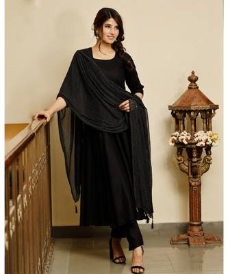 Jet black solid flared kurta with gold dot dupatta 5