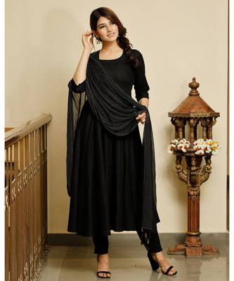 Jet black solid flared kurta with gold dot dupatta 6