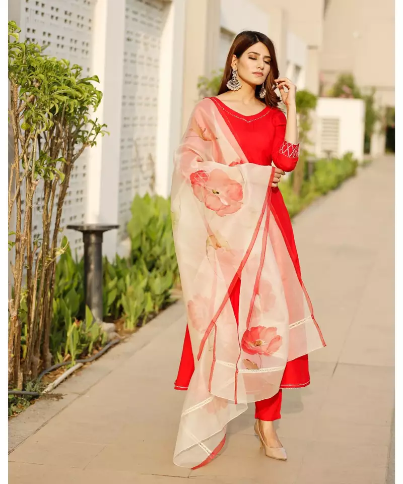 Scarlett Red Flared Kurta set with hand pant floral Organza dupatta