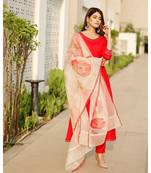 Scarlett Red Flared Kurta set with hand pant floral Organza dupatta