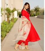 Scarlett Red Flared Kurta set with hand pant floral Organza dupatta