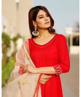 Scarlett Red Flared Kurta set with hand pant floral Organza dupatta 8