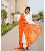 Bright white flared kurta set with bandej dupatta