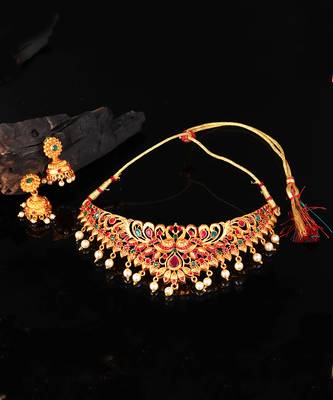 Antique Gold Temple Choker Necklace Set 7