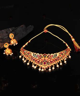 Antique Gold Temple Choker Necklace Set 8