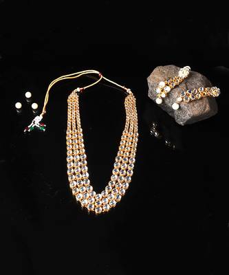 Gold  Alloy Kundan Necklace Set with Earrings for Women 6