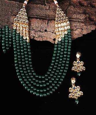 Wedding Collection Green 5 Layer Pearl and Kundan Rani Haar Necklace Jewellery Set with Earrings for Women 7