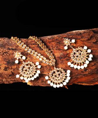 Gold Plated Antique Rani Haar Kundan White Pearl Drop Necklace Set 6