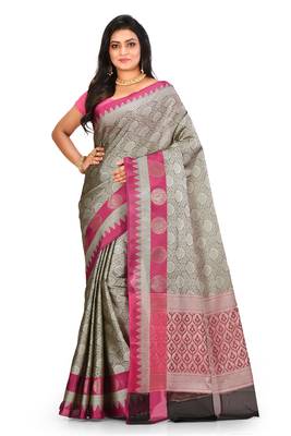 Grey woven art silk saree with blouse 1