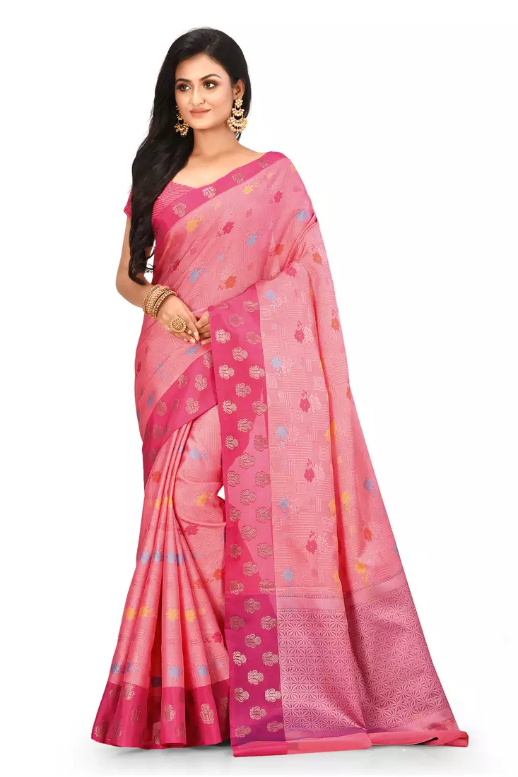 Pink woven art silk saree with blouse