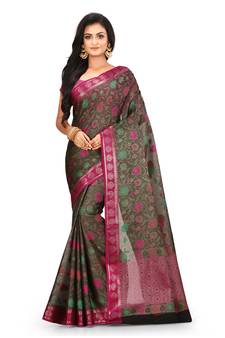 Dark grey woven art silk saree with blouse