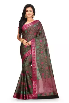 Dark grey woven art silk saree with blouse