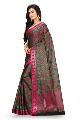 Dark grey woven art silk saree with blouse 2