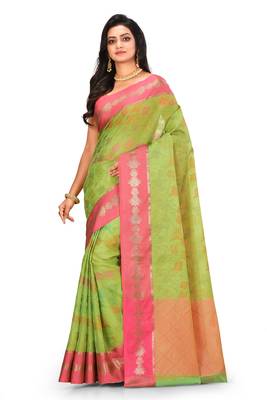 Light green woven art silk saree with blouse 1