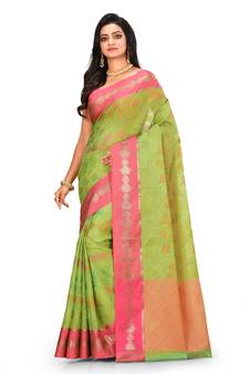 Light green woven art silk saree with blouse