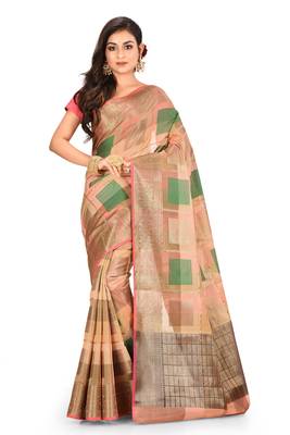 Peach woven cotton silk saree with blouse 1