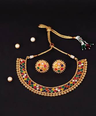 Multicolour Stone Studded Metallic Necklace Set 7