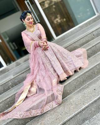 Baby Pink Thread Embroidered Georgette Semi Stitched wedding lehenga for Bridal 5