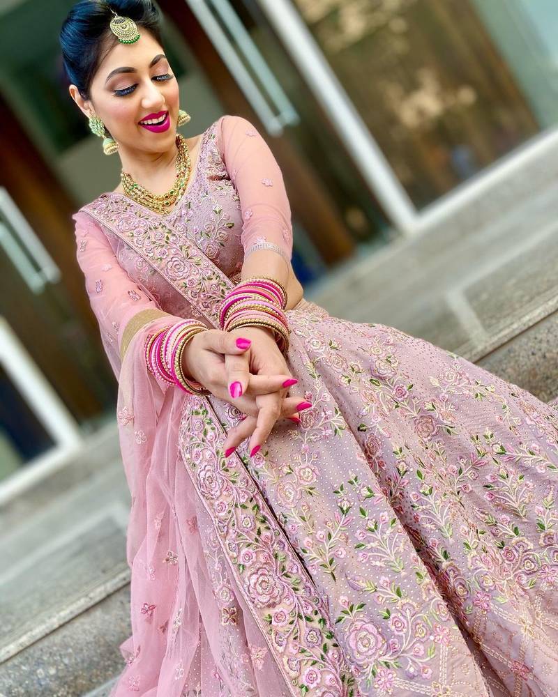 Baby Pink Thread Embroidered Georgette Semi Stitched wedding lehenga for Bridal