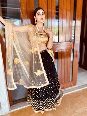 BLACK Sequins Embroidered Net Unstitched Lehenga Choli With Dupatta 4
