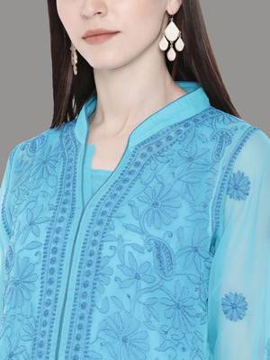 Ada Hand Embroidered Blue Georgette Lucknowi Chikankari Indian Women Kurta With Slip - A225894 4