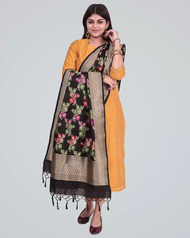 Semi Kataan Silk Banarasi Zari Floral Jaal Dupatta