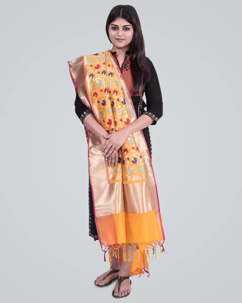 Semi Kataan Silk Banarasi Zari Floral Jaal Dupatta