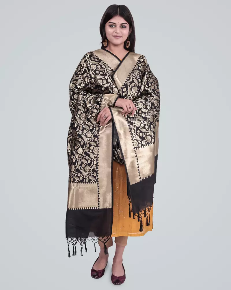 Semi Kataan Silk Banarasi Zari Floral Jaal Dupatta