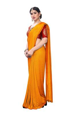 Mustar Vichitra Silk Plain Bollywood Saree With Banarasi Silk Blouse. 1