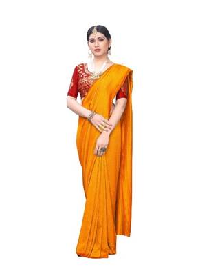 Mustar Vichitra Silk Plain Bollywood Saree With Banarasi Silk Blouse. 2