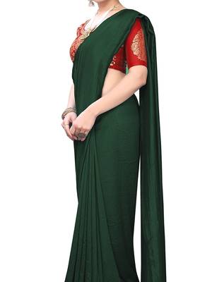 Dark Green Vichitra Silk Plain Bollywood saree With Banarasi Silk Blouse Piece. 1
