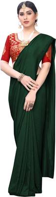 Dark Green Vichitra Silk Plain Bollywood saree With Banarasi Silk Blouse Piece. 2