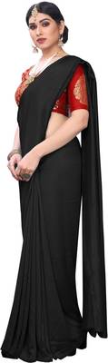 Black Vichitra Silk Plain Bollywood Saree with Banarasi Silk Blouse Piece. 1