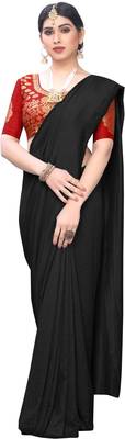 Black Vichitra Silk Plain Bollywood Saree with Banarasi Silk Blouse Piece. 2