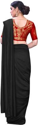 Black Vichitra Silk Plain Bollywood Saree with Banarasi Silk Blouse Piece. 3