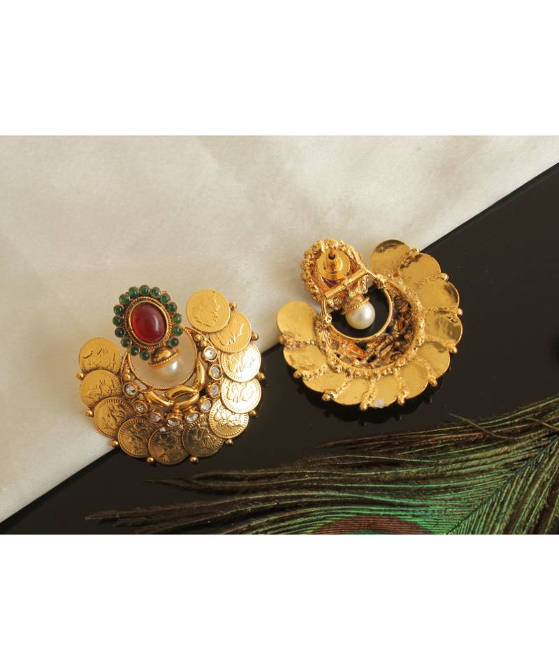 Beautiful Antique Kemp Green Ganesha Designer Coin Bali Earrings Dj23453