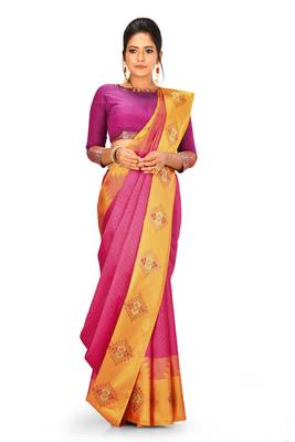 Pink woven art silk saree with blouse 1