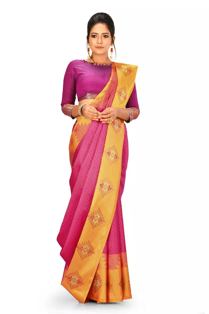 Pink woven art silk saree with blouse