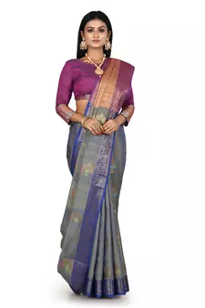 Navy blue woven matka silk saree with blouse
