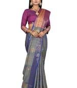 Navy blue woven matka silk saree with blouse