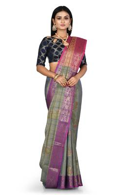 Navy blue woven matka silk saree with blouse 1