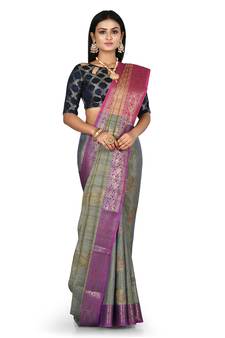 Navy blue woven matka silk saree with blouse