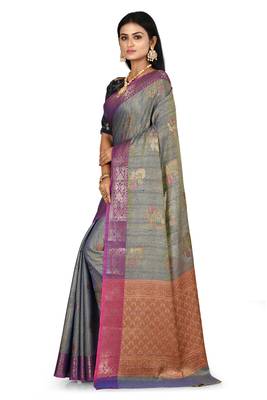 Navy blue woven matka silk saree with blouse 2