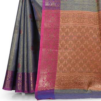 Navy blue woven matka silk saree with blouse 3