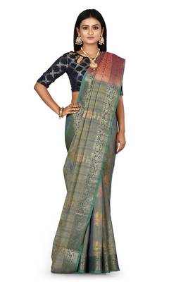 Navy blue woven matka silk saree with blouse 1