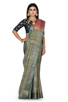 Navy blue woven matka silk saree with blouse