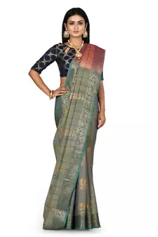 Navy blue woven matka silk saree with blouse