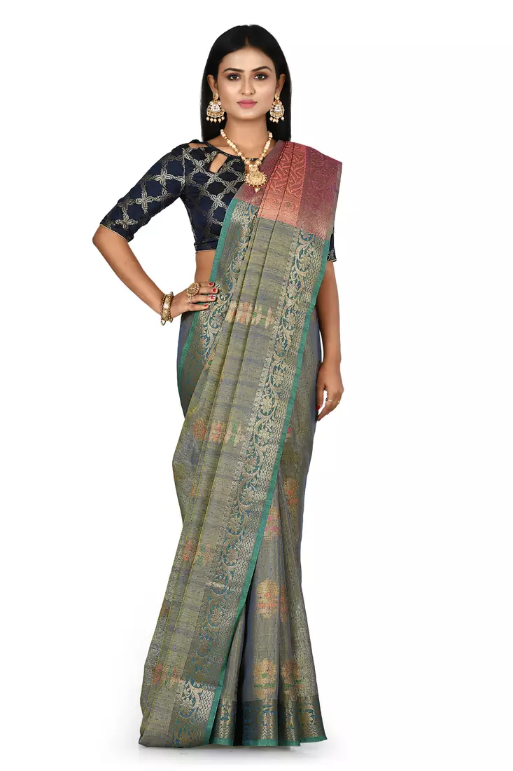 Navy blue woven matka silk saree with blouse